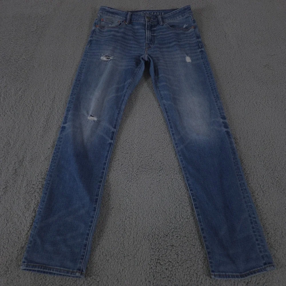 American Eagle Jeans Mens 32x34 Blue Slim Straight Airflex Light Wash Distressed